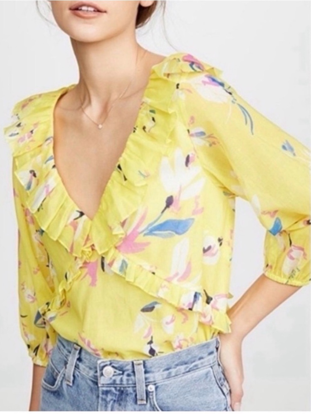 Tanya Taylor Lourdes Yellow Floral Ruffle V-Neck Blouse Size 6